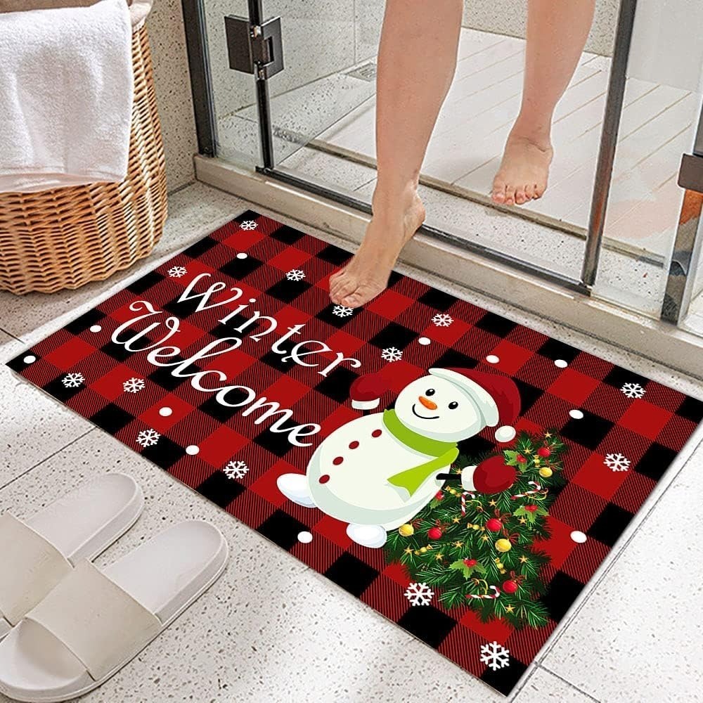 Red And Black Buffalo Check Plaid Snowman Welcome Doormat